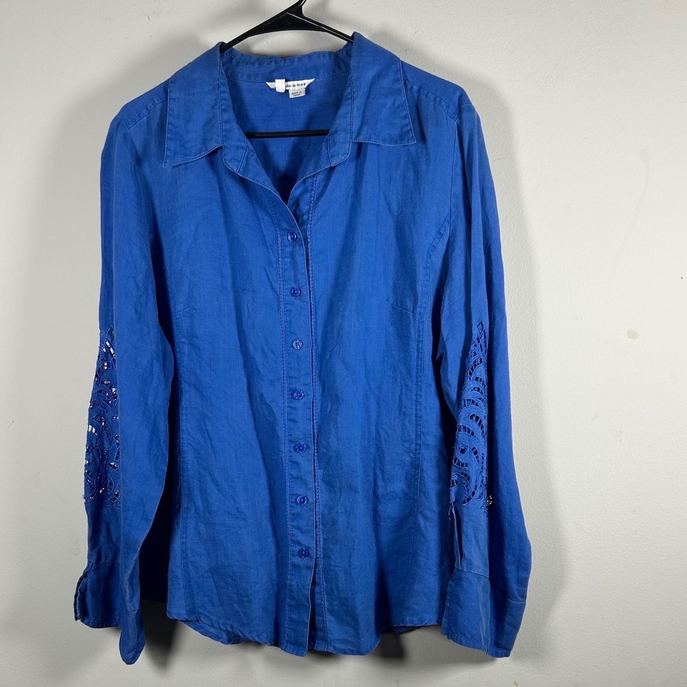 Jennie & Ray Blouse Women 2X Blue Y2K Eyelet Cut Out Sleeve Ramie Button Down
